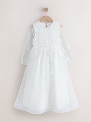 Weiß - Langärmliges Kleid mit floraler Stickerei und Blumenschleife (3-16Jahre) - Bild 1 von 4