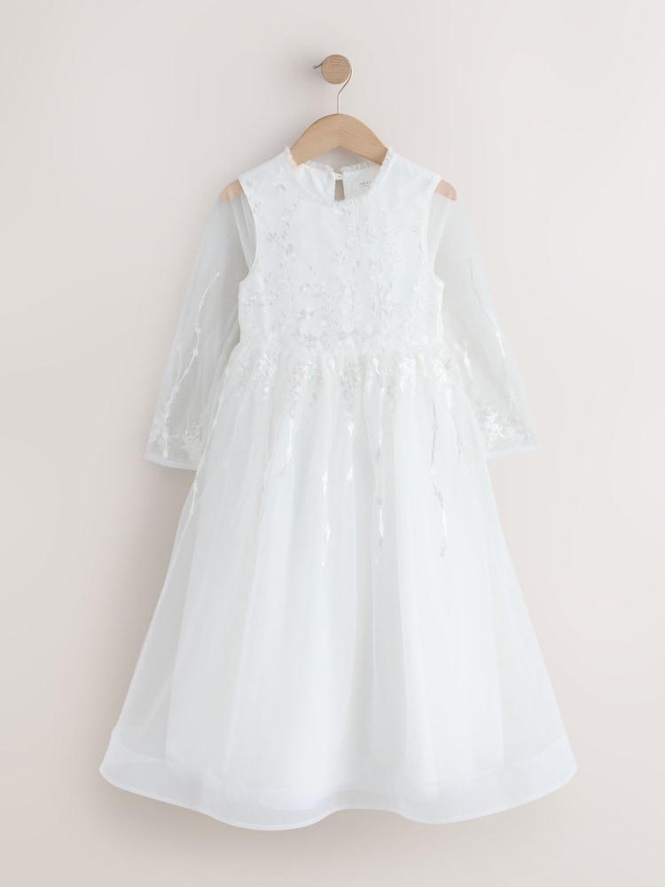 Weiß - Langärmliges Kleid mit floraler Stickerei und Blumenschleife (3-16Jahre) - Bild 1 von 4