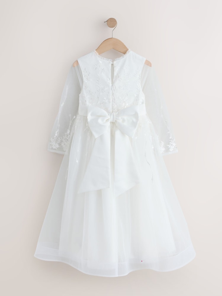 Weiß - Langärmliges Kleid mit floraler Stickerei und Blumenschleife (3-16Jahre) - Bild 2 von 4