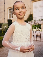 White Floral Embroidered Long Sleeve Flower Bow Dress (3-16yrs) - Image 5 of 9