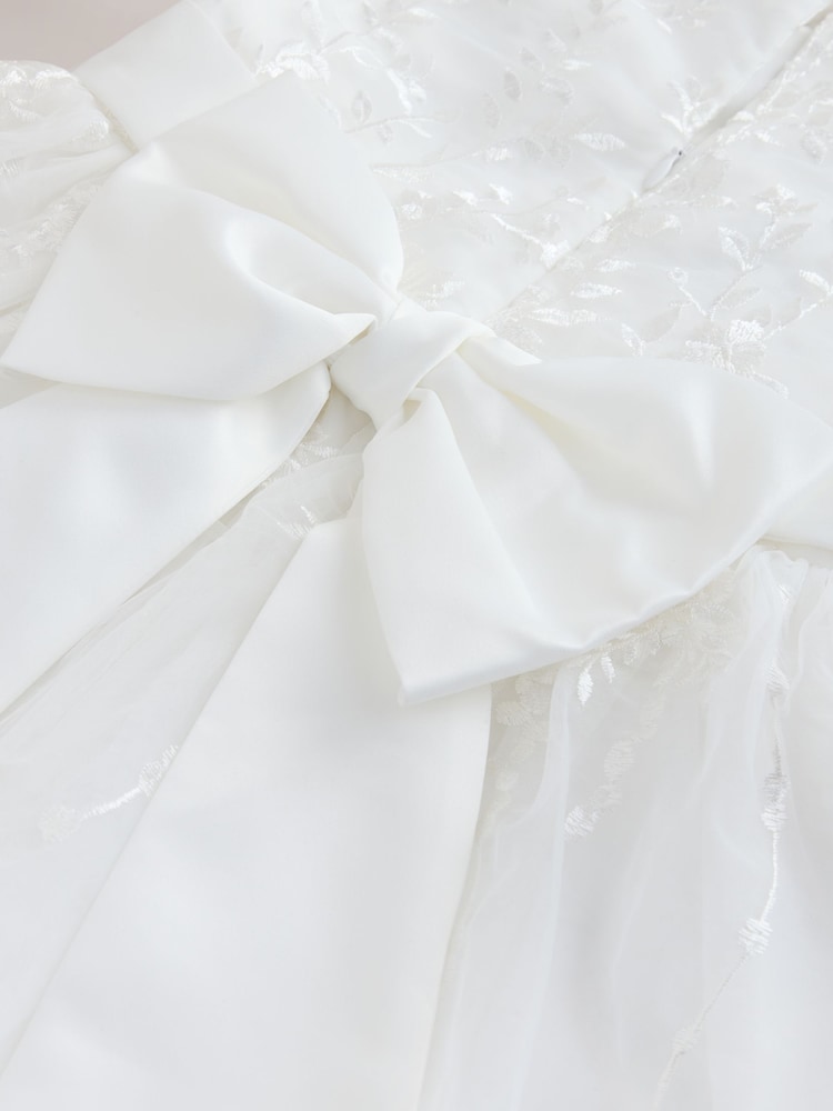 White Floral Embroidered Long Sleeve Flower Bow Dress (3-16yrs) - Image 9 of 9