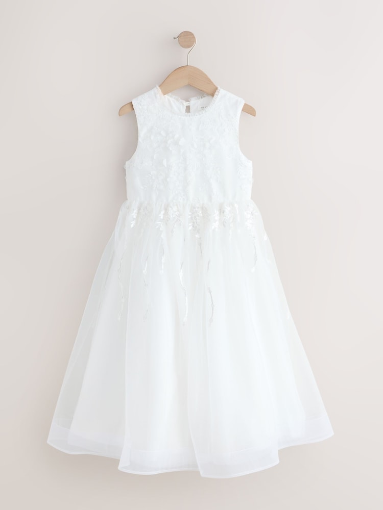 White Floral Embroidered Flower Bow Dress (3-16yrs) - Image 1 of 4