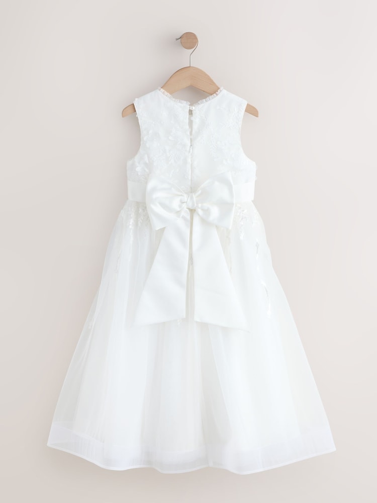 White Floral Embroidered Flower Bow Dress (3-16yrs) - Image 2 of 4