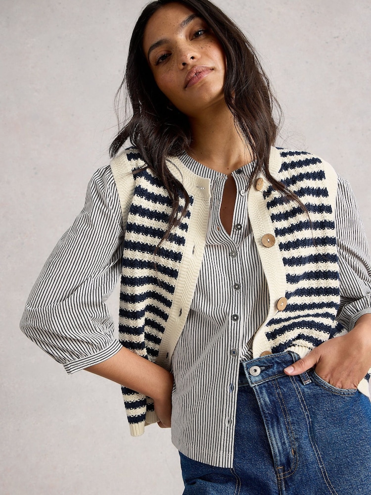 White Stuff Blue Sienna Stripe Button Tank Cardigan - Image 2 of 6