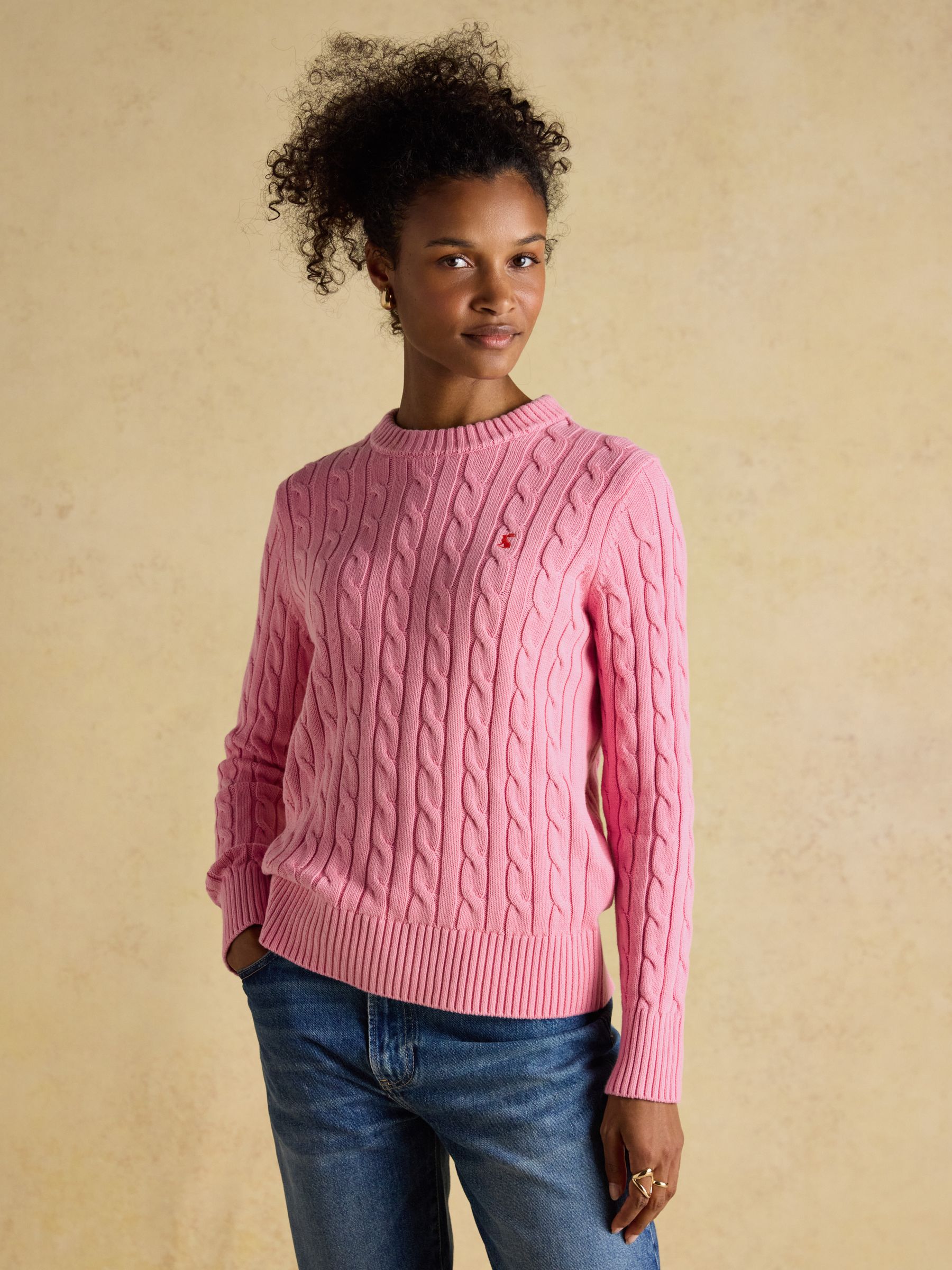 Buy Joules Pink Classic Crew Neck Cotton Cable Knit Jumper from