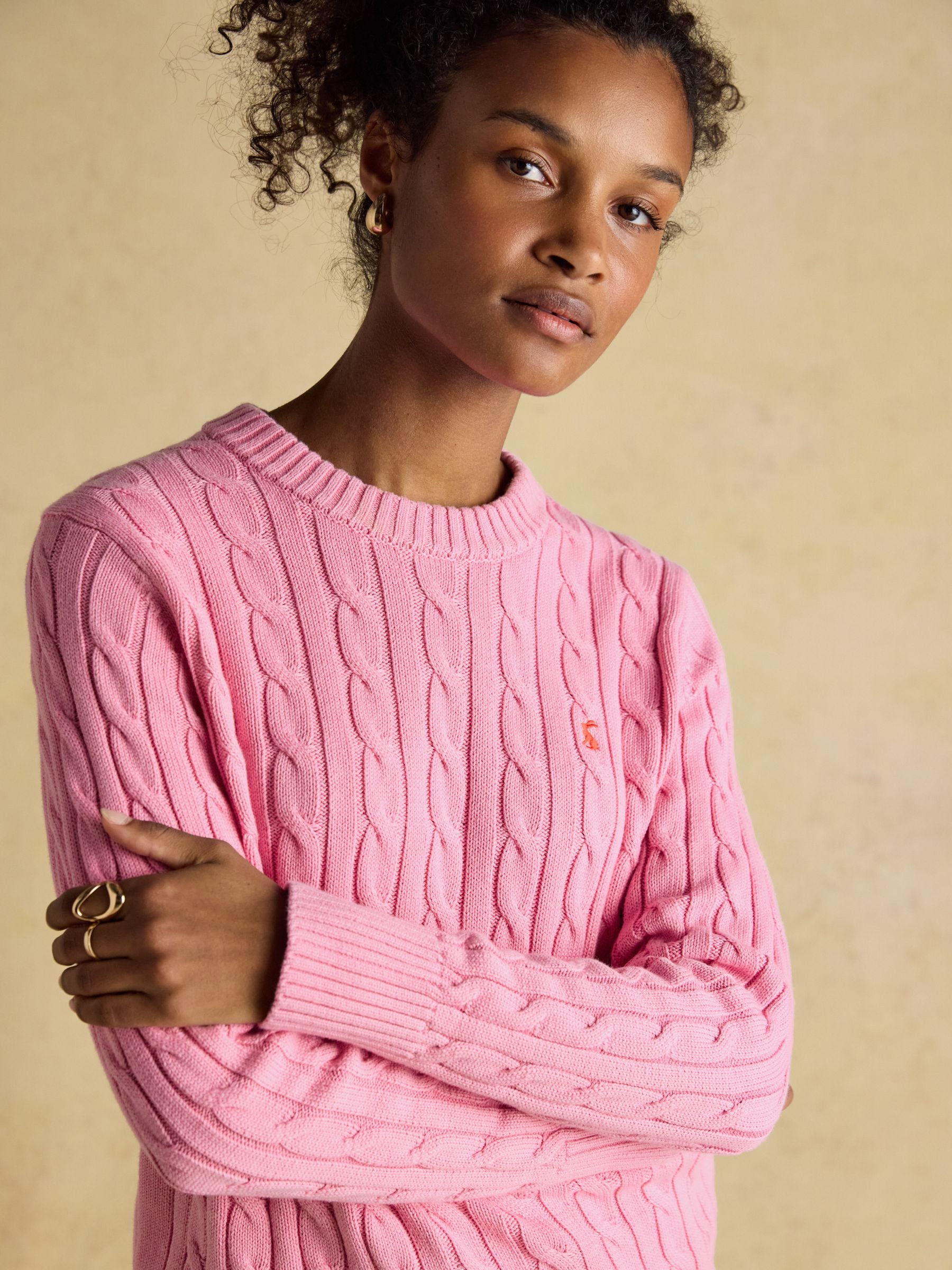 Buy Joules Pink Classic Crew Neck Cotton Cable Knit Jumper from