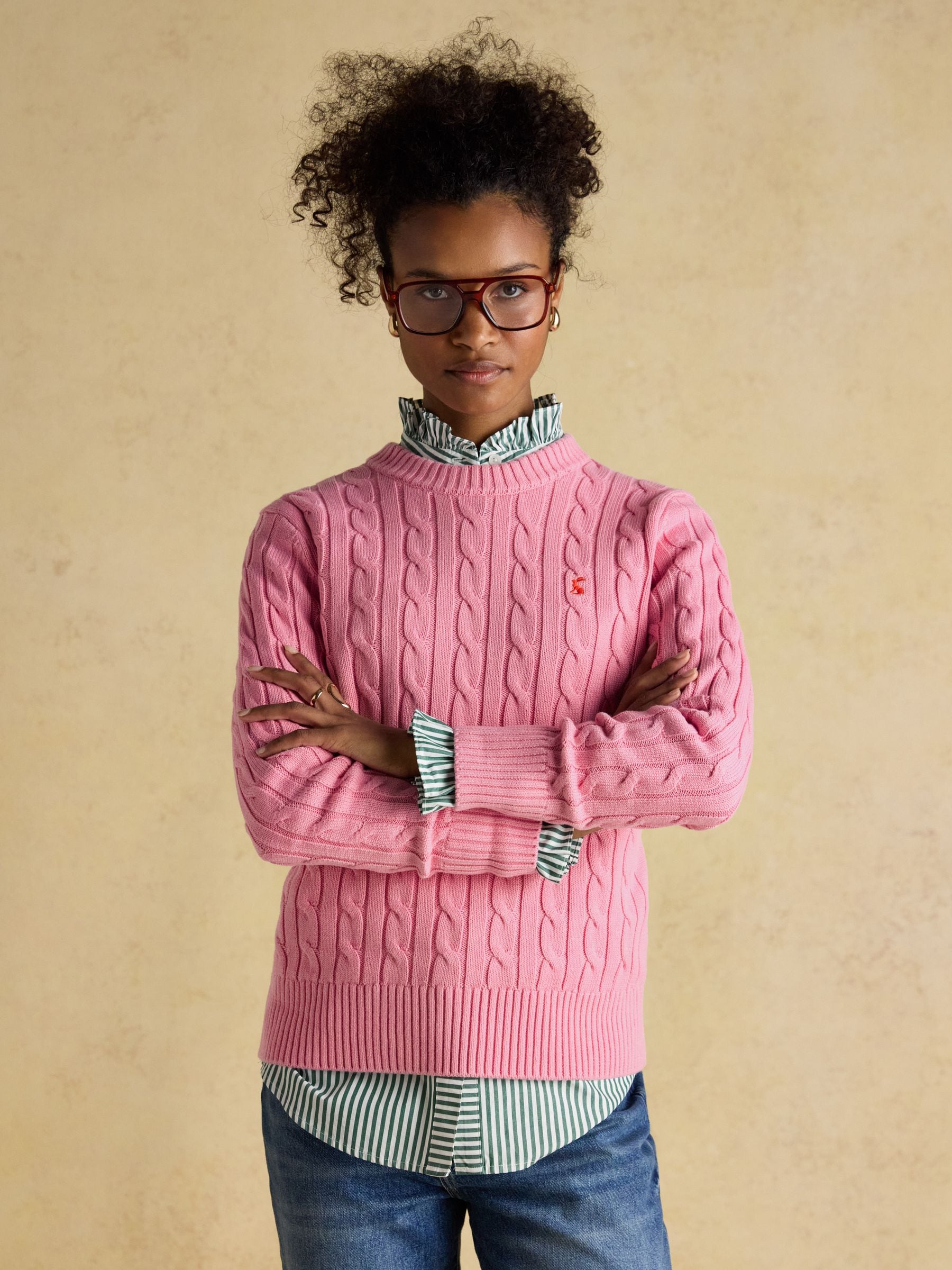 Buy Joules Pink Classic Crew Neck Cotton Cable Knit Jumper from