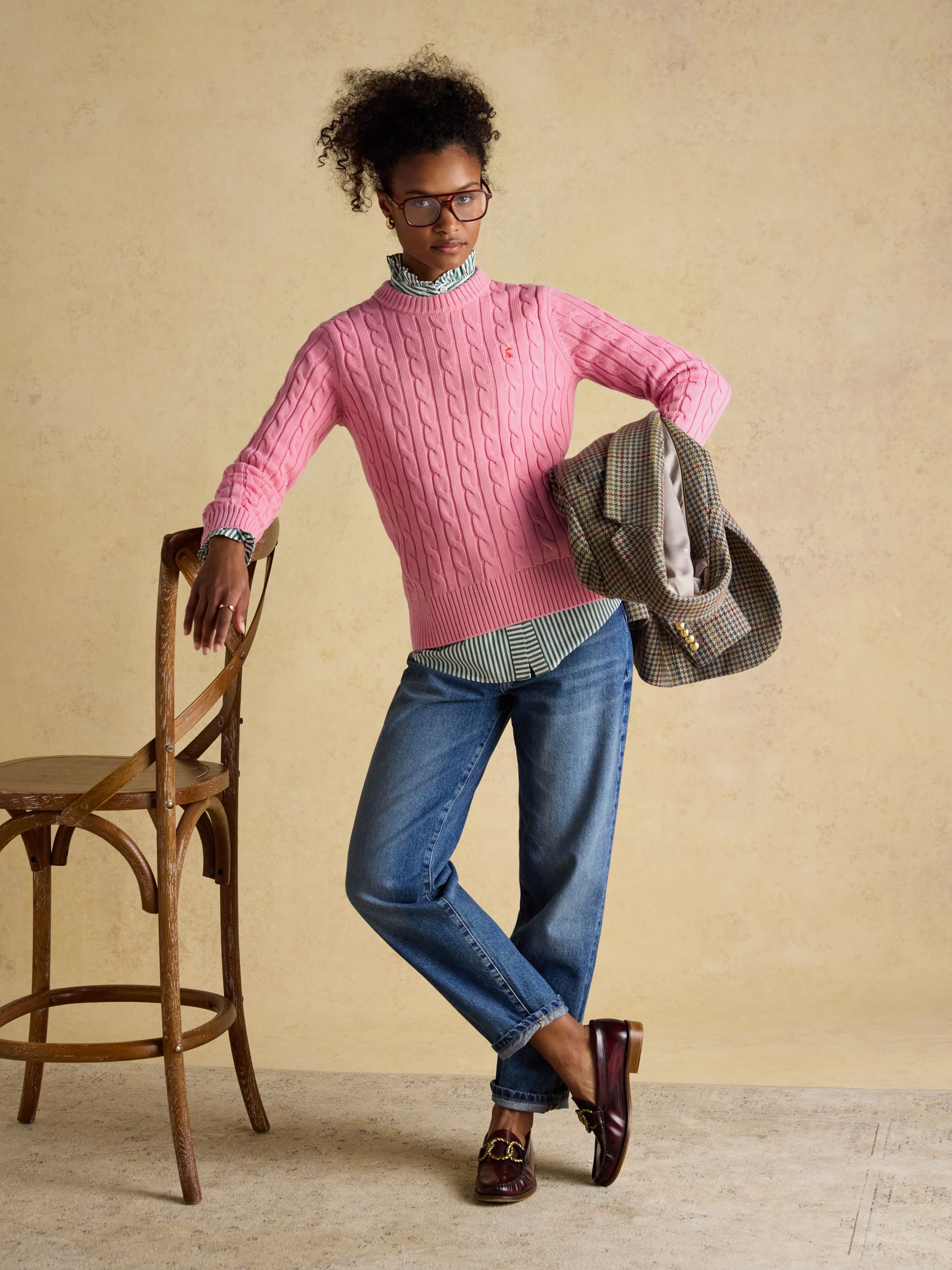 Buy Joules Pink Classic Crew Neck Cotton Cable Knit Jumper from