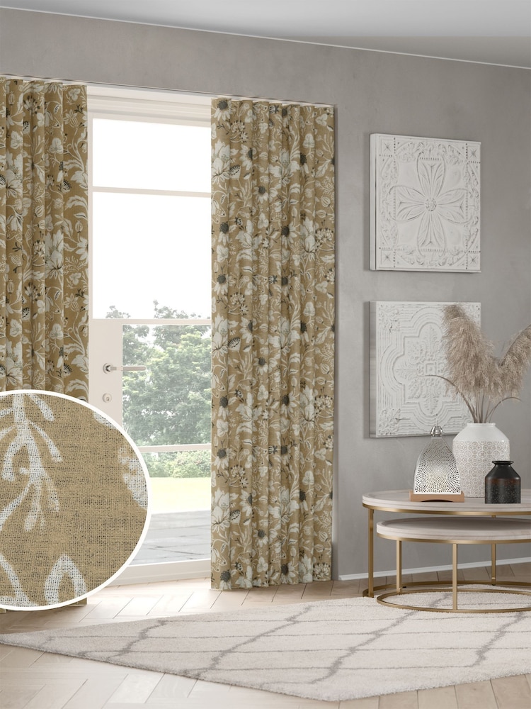 Natural Woodblock Floral Made to Measure Curtains - Image 1 of 9