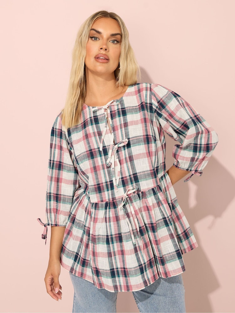 Yours Curve Natural Short Sleeve Check Tie Front Top - Image 1 of 5
