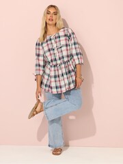 Yours Curve Natural Short Sleeve Check Tie Front Top - Image 2 of 5