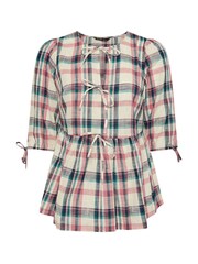 Yours Curve Natural Short Sleeve Check Tie Front Top - Image 5 of 5