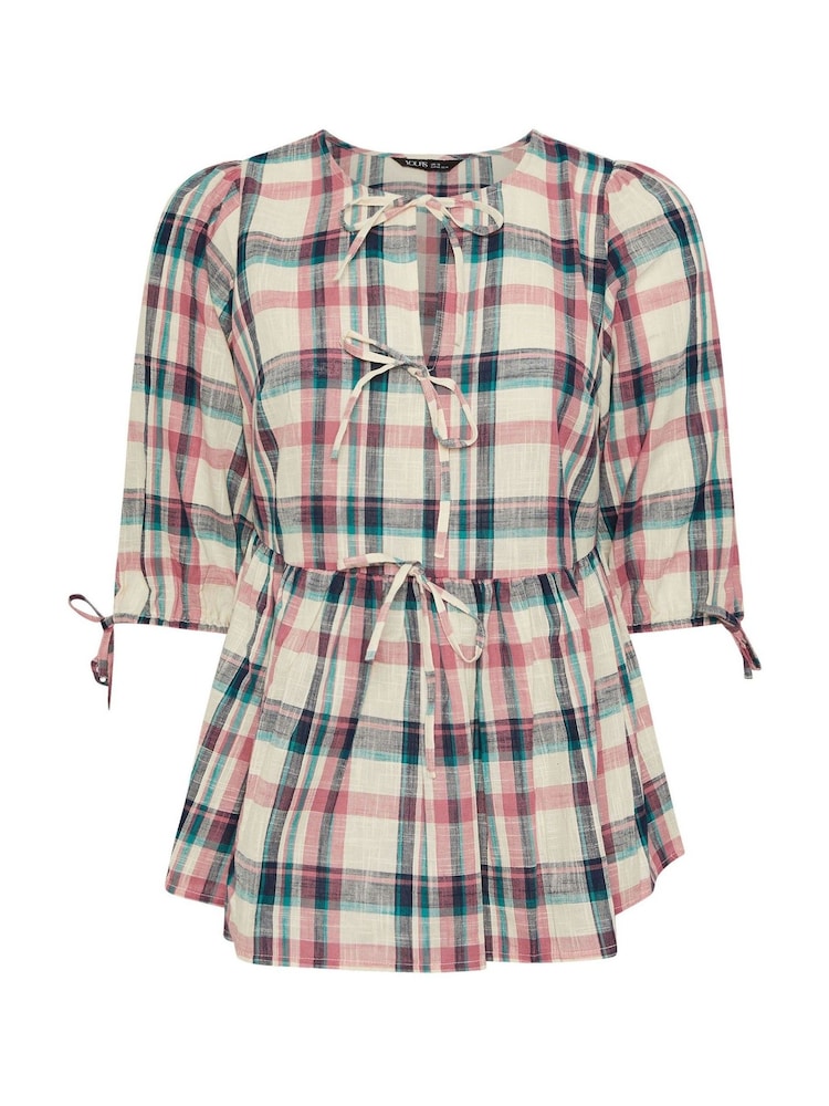 Yours Curve Natural Short Sleeve Check Tie Front Top - Image 5 of 5