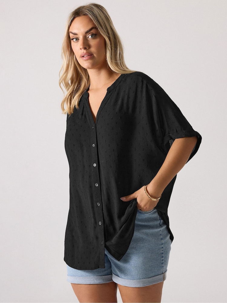 Yours Curve Black Swiss Dot Crinkle Notchneck Top - Image 1 of 5
