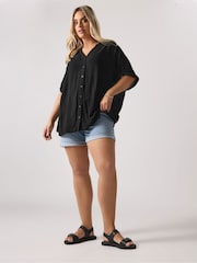 Yours Curve Black Swiss Dot Crinkle Notchneck Top - Image 3 of 5