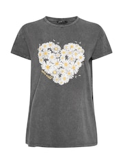 Yours Curve Grey Placement T-Shirt Daisy Heart - Image 4 of 5