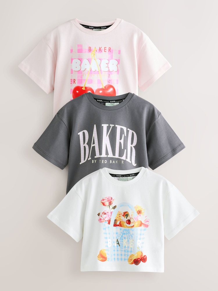 Baker by Ted Baker Pink & White 3 Pack Boxy Fit Graphic Printed T-Shirt - Image 1 of 8