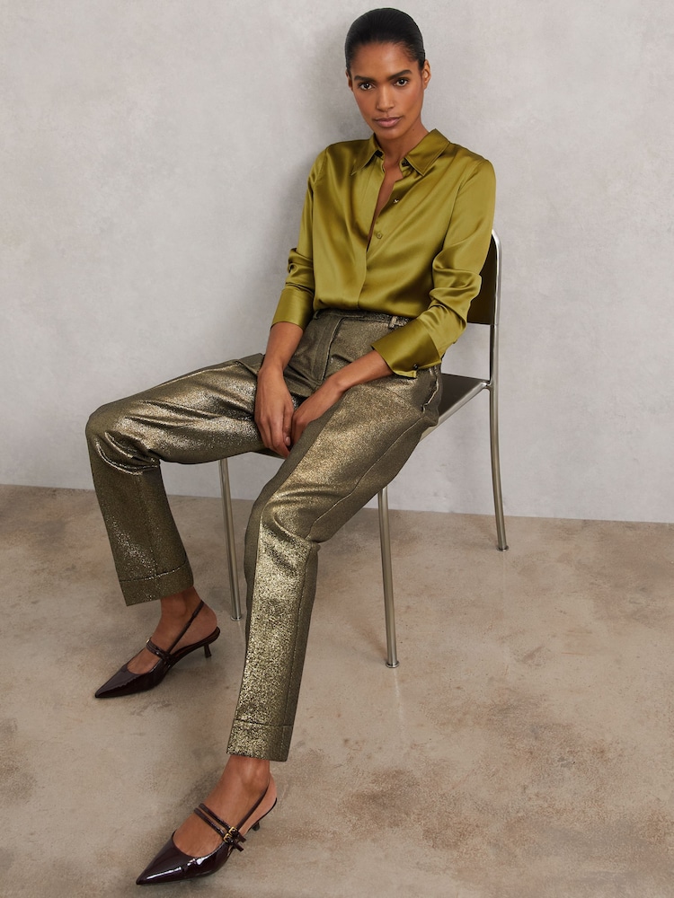 Reiss Gold Sienna Tapered Metallic Suit Trousers with Cotton - Image 1 of 7 Reiss Gold Sienna Tapered Metallic Suit Trousers with Cotton - Image 1 of 7