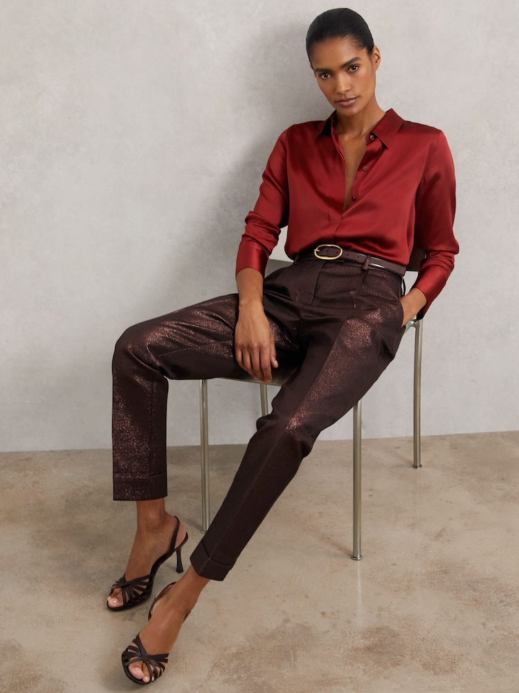 Reiss Burgundy Sienna Petite Tapered Metallic Suit Trousers with Cotton - Image 1 of 8 Reiss Burgundy Sienna Petite Tapered Metallic Suit Trousers with Cotton - Image 1 of 8