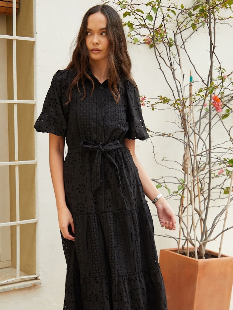 Another Sunday Black Broderie Button Through Midi Shirt Dress - Image 1 of 5