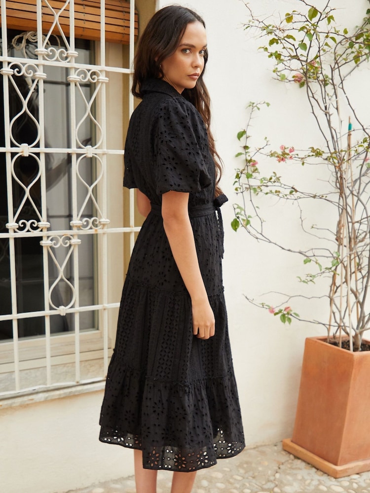 Another Sunday Black Broderie Button Through Midi Shirt Dress - Image 2 of 5