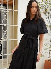 Another Sunday Black Broderie Button Through Midi Shirt Dress - Image 3 of 5