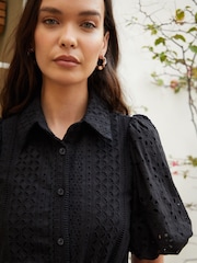 Another Sunday Black Broderie Button Through Midi Shirt Dress - Image 4 of 5