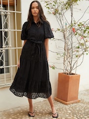 Another Sunday Black Broderie Button Through Midi Shirt Dress - Image 5 of 5