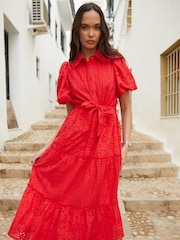 Rot - Another Sunday Broderie Button Through Midi Shirt Dress - Bild 3 von 5