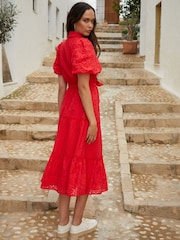 Rot - Another Sunday Broderie Button Through Midi Shirt Dress - Bild 5 von 5