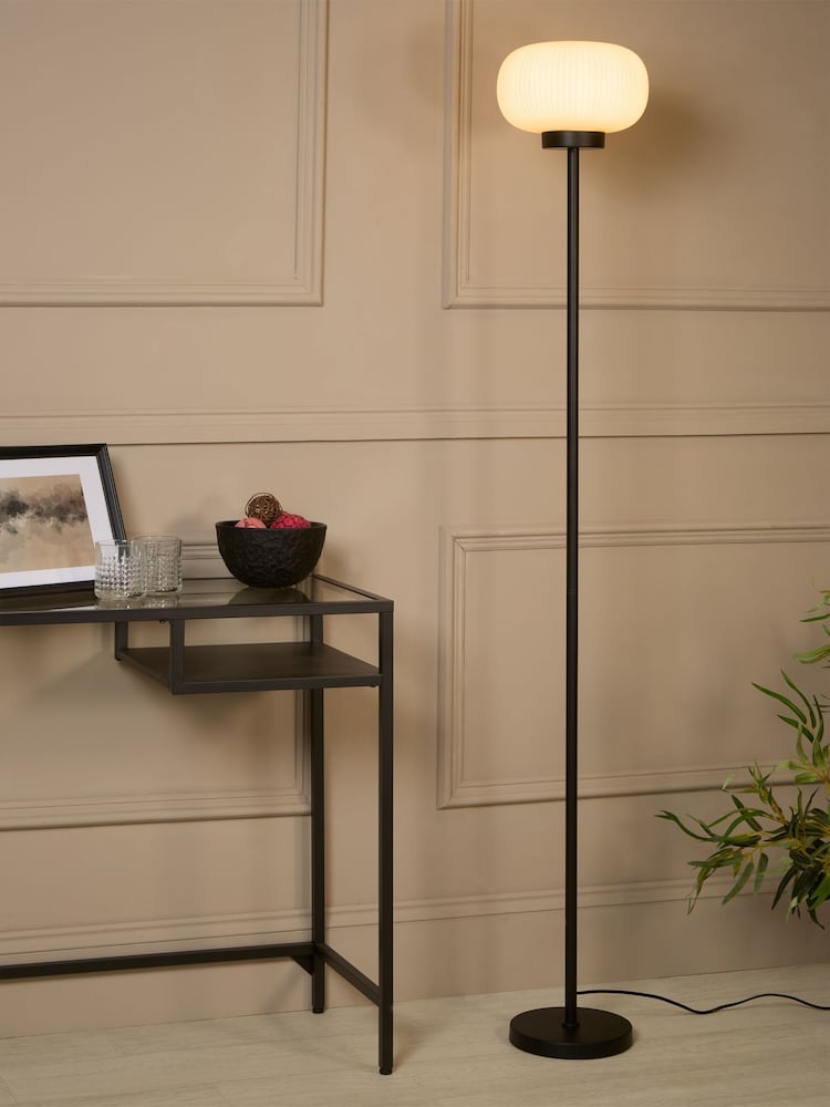 Searchlight Matt Black and White Perla Floor Lamp Opal Ribbed Glass - Image 1 of 4