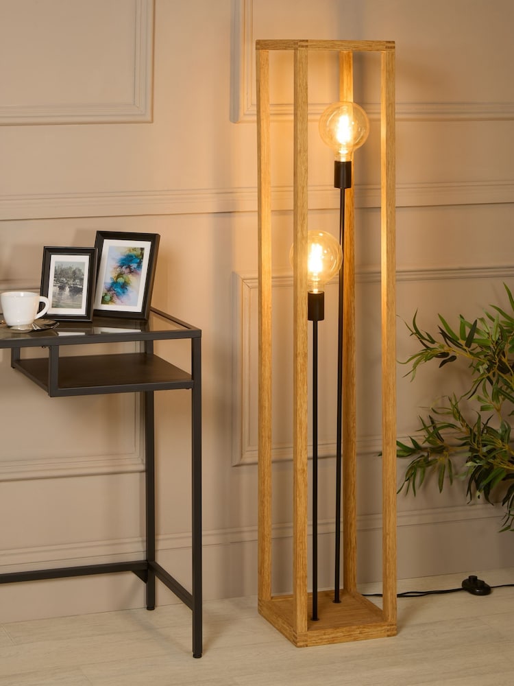 Searchlight Natural Wood and Black Scandara Square 2Lt Floor Lamp - Image 1 of 4