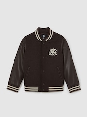 Reiss Brown/Off White Miller 9-13 yrs Monogram Relaxed Varsity Jacket Unisex Fit - Image 2 of 8