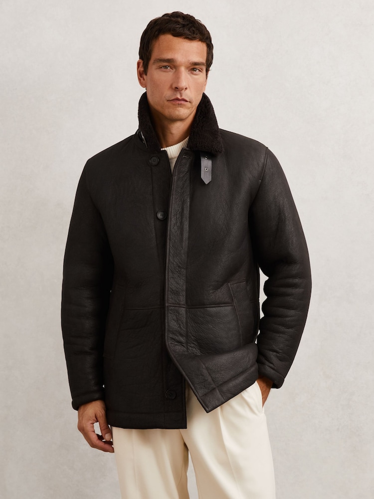 Reiss Brown Raven Button-Through Shearling Jacket - Image 1 of 9