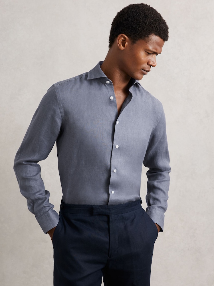 Reiss Airforce Blue Ruban Linen Button-Through Shirt - Image 1 of 6