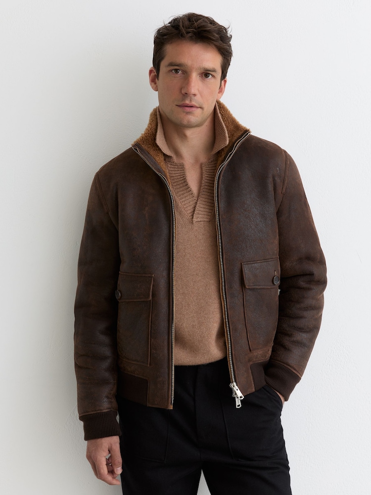 Reiss Brown Peveral Shearling Zip-Through Leather Jacket - Image 1 of 6