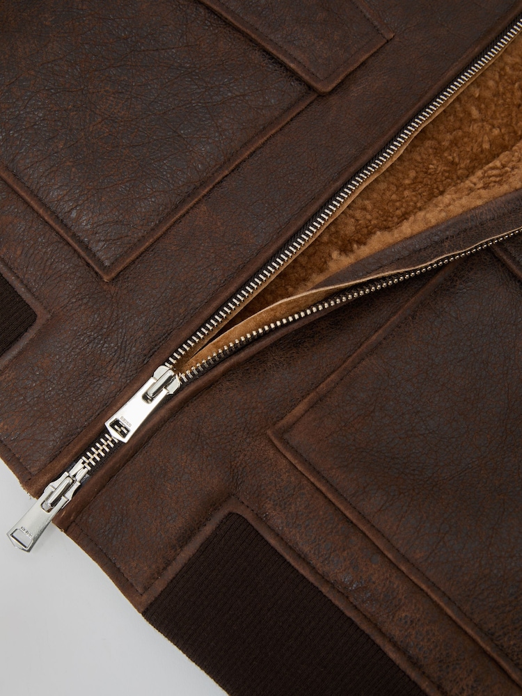 Reiss Brown Peveral Shearling Zip-Through Leather Jacket - Image 6 of 6