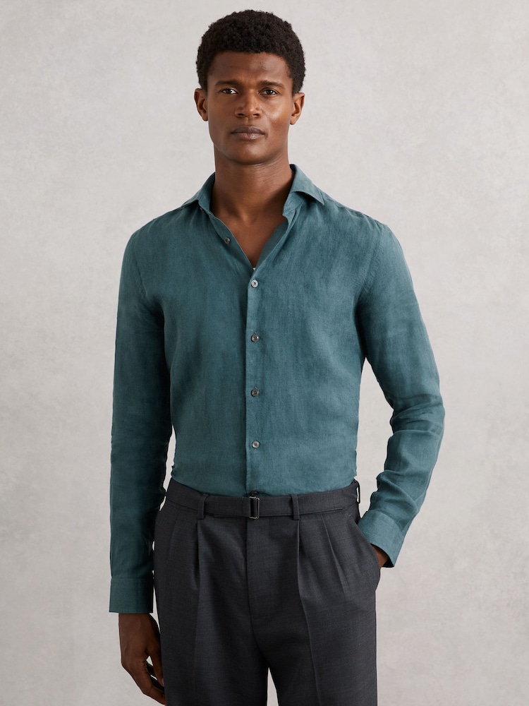 Reiss Orion Blue Ruban Linen Cutaway-Collar Shirt - Image 1 of 6 Reiss Orion Blue Ruban Linen Cutaway-Collar Shirt - Image 1 of 6