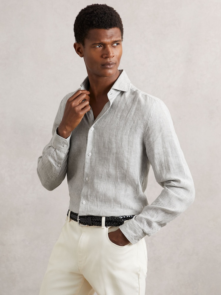 Reiss White/Thyme Green Ruban Linen Striped Cutaway-Collar Shirt - Image 1 of 6