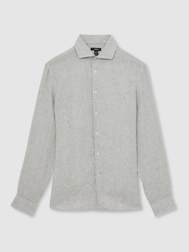 Reiss White/Thyme Green Ruban Linen Striped Cutaway-Collar Shirt - Image 2 of 6