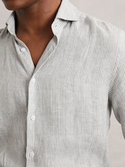Reiss White/Thyme Green Ruban Linen Striped Cutaway-Collar Shirt - Image 3 of 6
