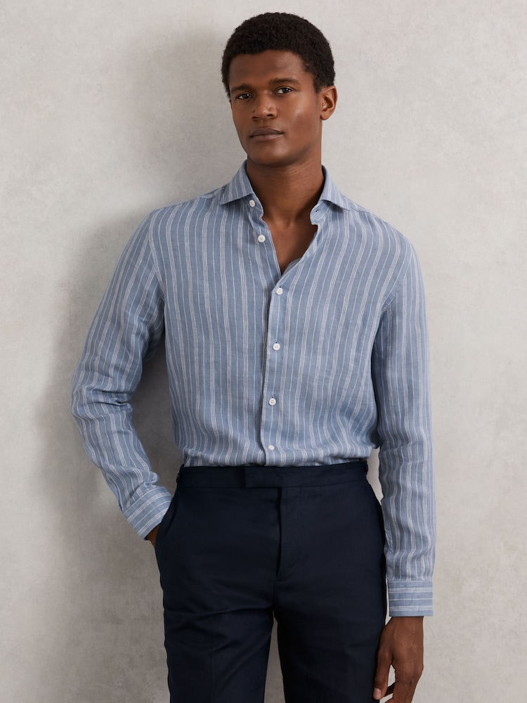 Reiss Airforce Blue/White Ruban Linen Striped Cutaway-Collar Shirt - Image 1 of 6