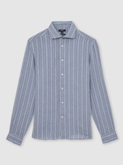 Reiss Airforce Blue/White Ruban Linen Striped Cutaway-Collar Shirt - Image 2 of 6