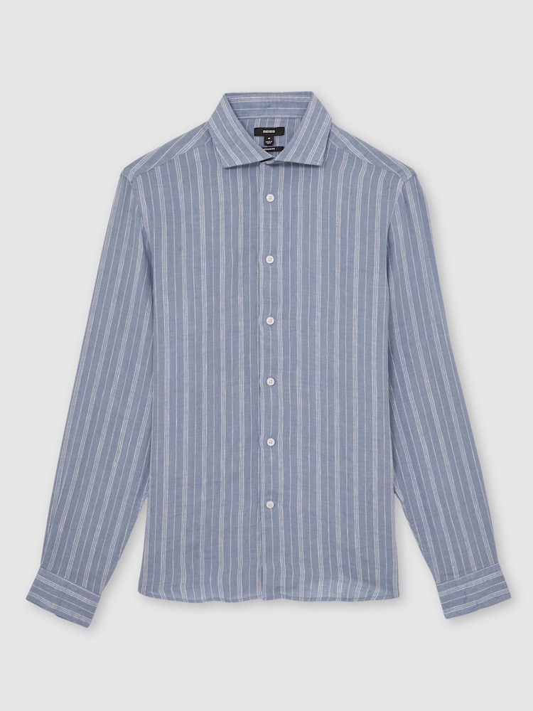 Reiss Airforce Blue/White Ruban Linen Striped Cutaway-Collar Shirt - Image 2 of 6 Reiss Airforce Blue/White Ruban Linen Striped Cutaway-Collar Shirt - Image 2 of 6