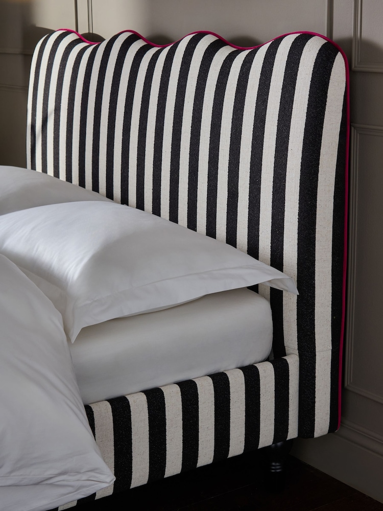 Woven Stripe Black Wren Scallop Headboard Bed Upholstered - Image 1 of 8 Woven Stripe Black Wren Scallop Headboard Bed Upholstered - Image 1 of 8