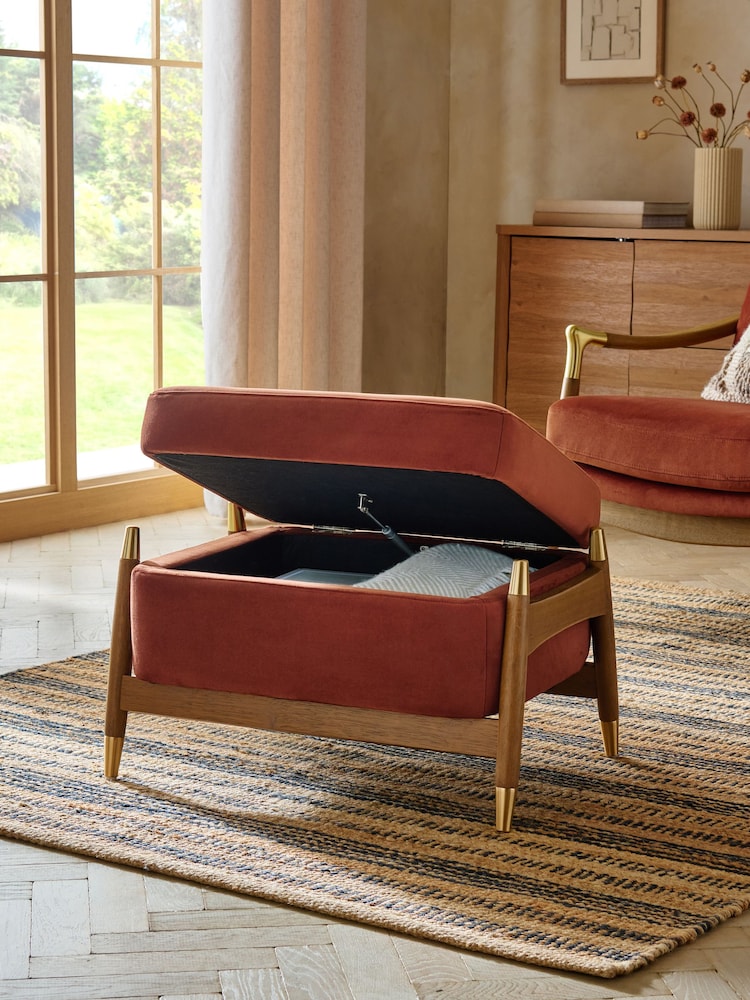 Soft Velvet Rust Brown Flinton Small Wooden Storage Footstool - Image 2 of 7