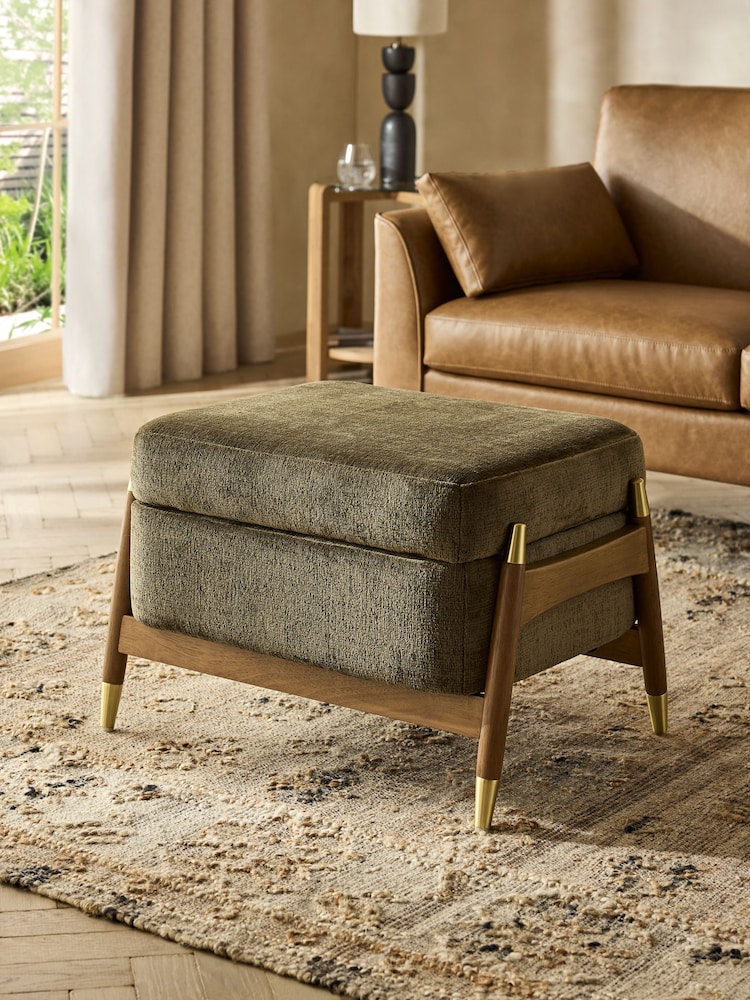 Plush Chenille Moss Green Flinton Small Wooden Storage Footstool - Image 1 of 8