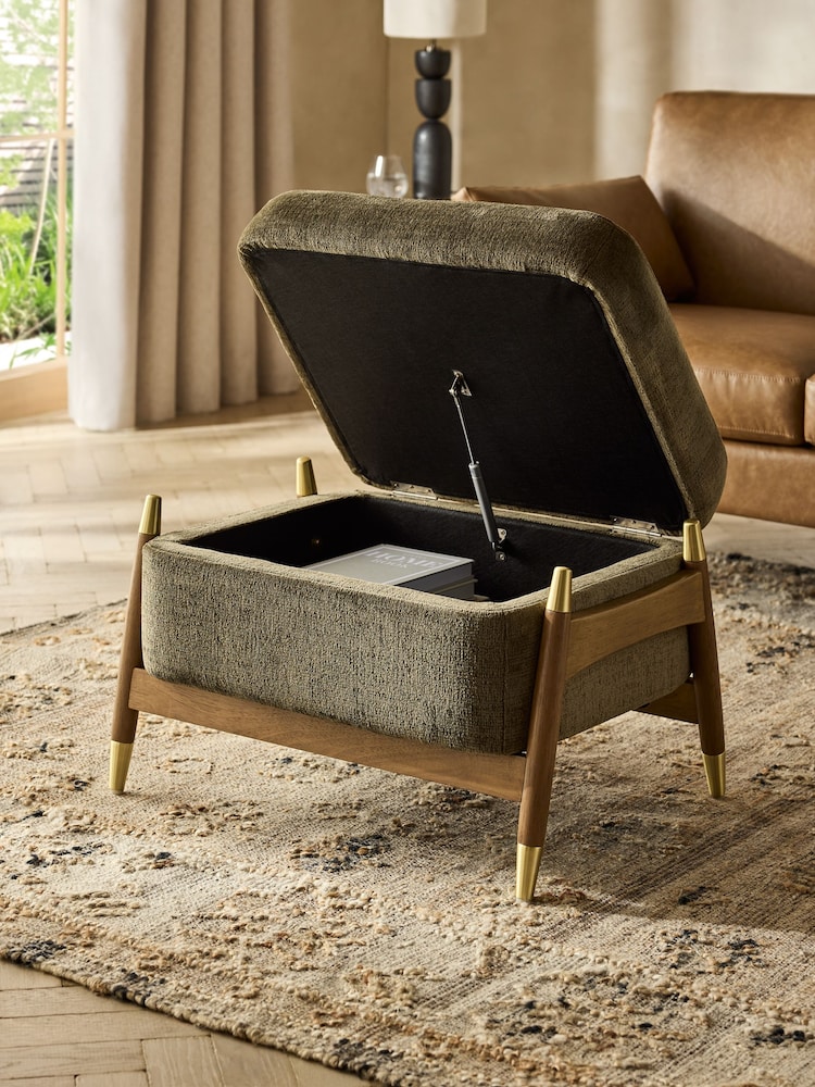 Plush Chenille Moss Green Flinton Small Wooden Storage Footstool - Image 2 of 8