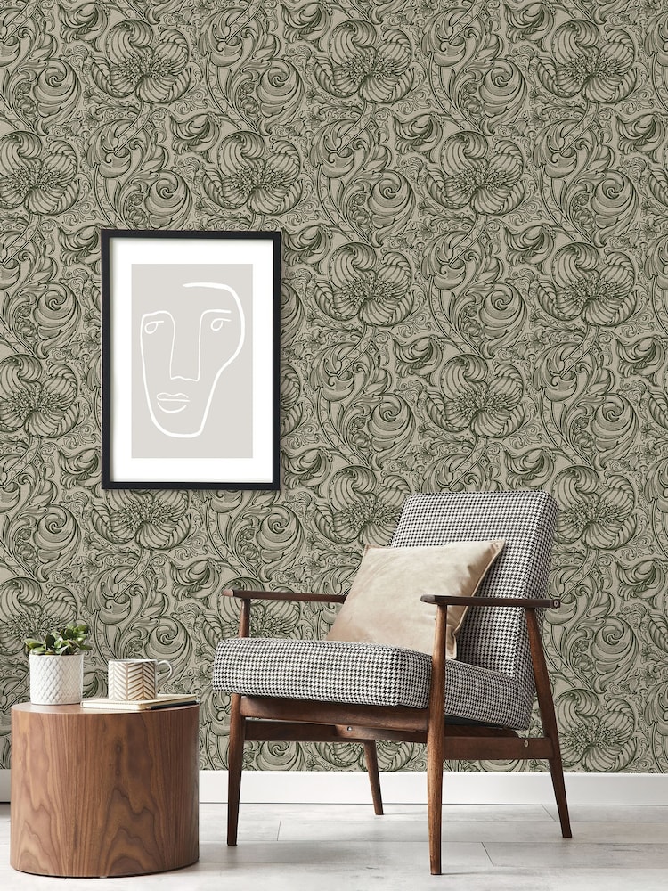 Laurence Llewelyn-Bowen Green Down The Dilly Floral Print A4 Wallpaper Sample - Image 1 of 4