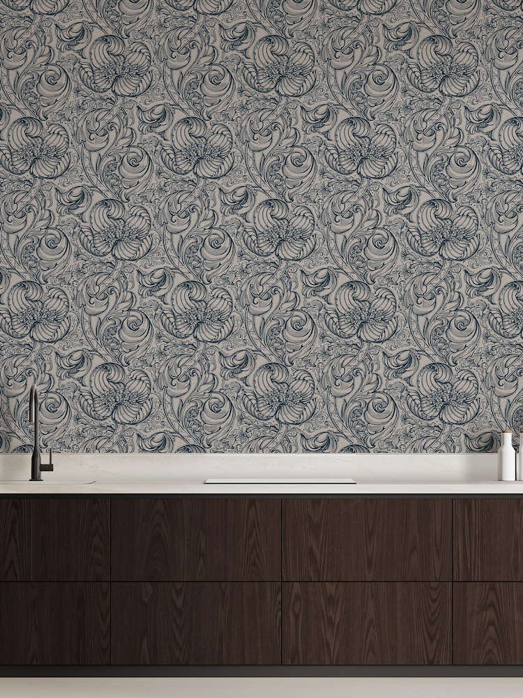 Laurence Llewelyn-Bowen Blue Down The Dilly Floral Print A4 Wallpaper Sample - Image 1 of 4